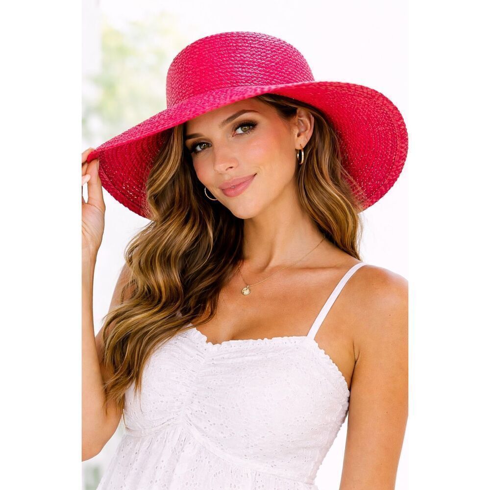 Jessica Stevens Red Straw Sun Hat Wide Brim Natural Straw Beach Resort Vacation